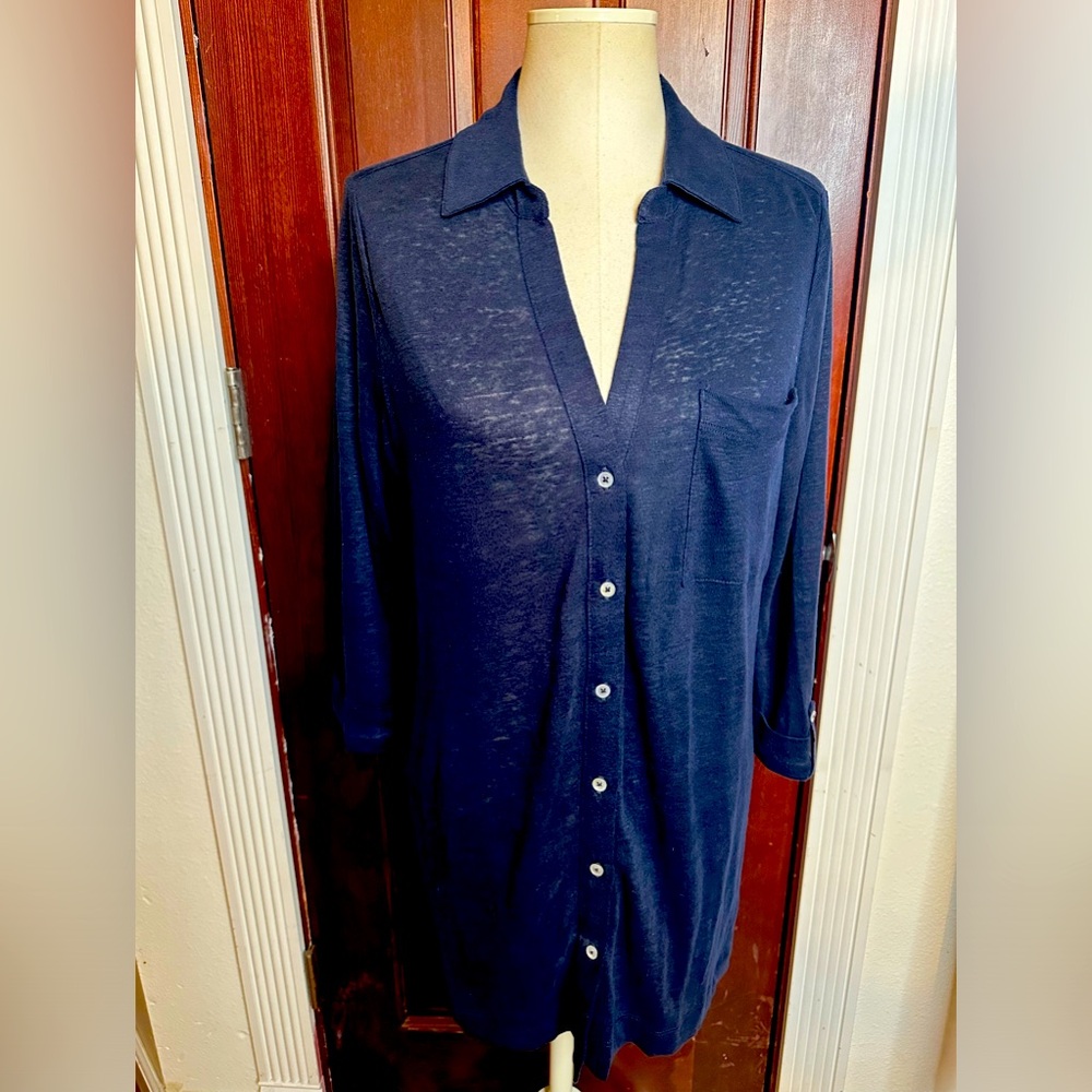 Chicos navy 100% linen button down knit tunic